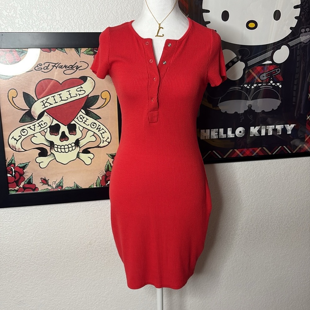 Better Be Red Ribbed Henley Mini Dress Bodycon Button Up Short Sleeve Casual